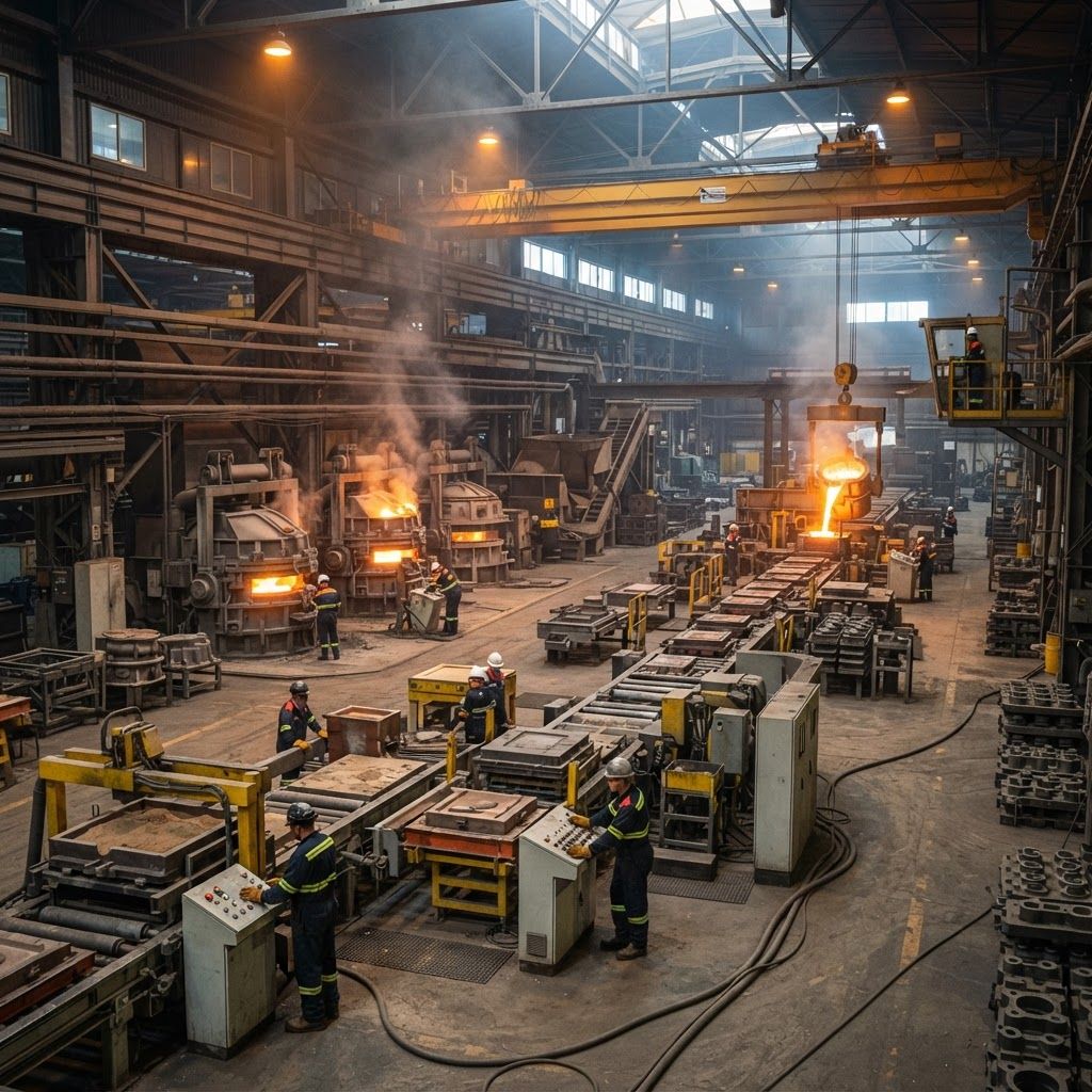 Interior of the Prateek Ferrotech foundry with furnaces and molding lines